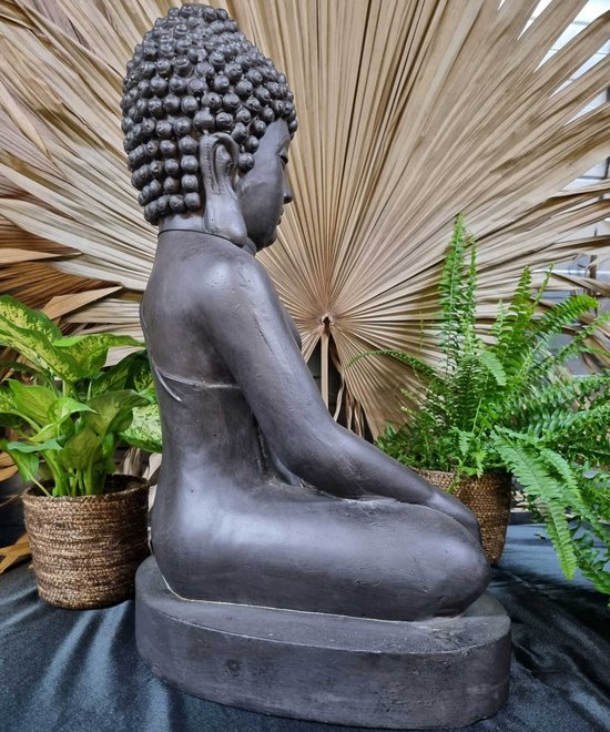 Zwart Boeddhabeeld in meditatiehouding, zittend op een sokkel met planten op de achtergrond.