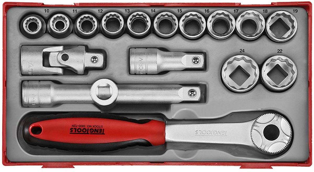 Doppenset TT1 tray 1/2 10-24mm 18 delig 12 kant Teng Tools TT1218