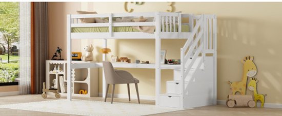 Lit mezzanine enfant 90 x 200 avec tiroirs de rangement et bureau sous le lit, blanc