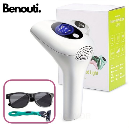 Benouti IPL Ontharingsapparaat – draagbaar IPL – Laser Ontharingsapparaat – Voor Mannen en Vrouwen – 8 Verschillende Standen – IPL Ontharingsapparaten – Ontharen voor Thuis – Beschermbril – Scheermes – Langdurig Haarvrij