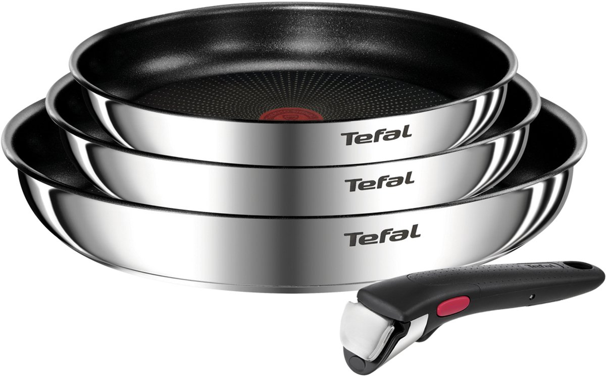 TEFAL INGENIO Set van 4 stuks, 22/24/28 cm koekenpannen + afneembare handgreep, Roestvrij staal, Antiaanbaklaag, Emotion L897S404
