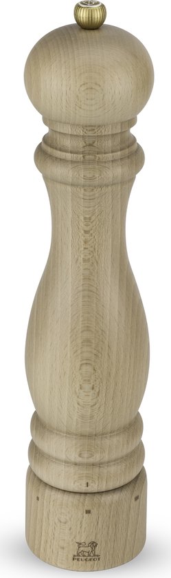 Houten zoutmolen van Peugeot met een natuurlijk houten afwerking. Gedetailleerde groeven en een gouden knop aan de bovenkant met leeuwenlogo.