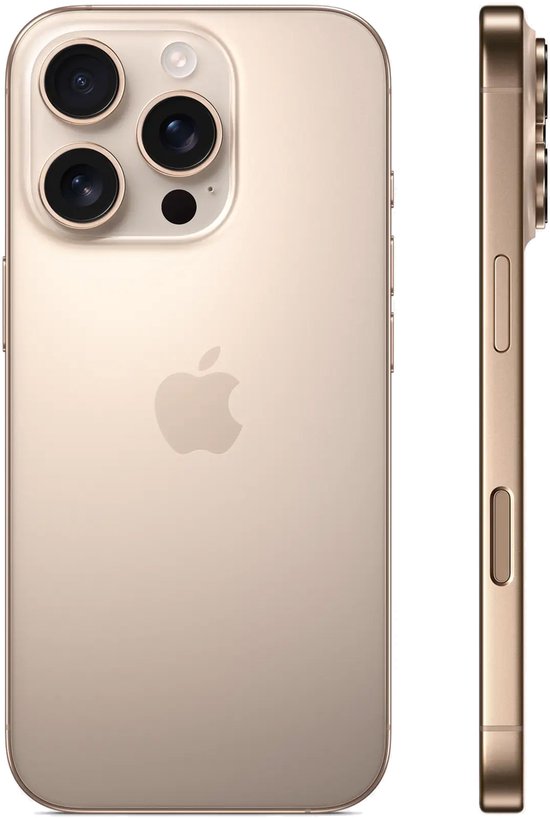 Gouden iPhone, achterkant met Apple logo en drievoudige camera, zijaanzicht met knoppen.