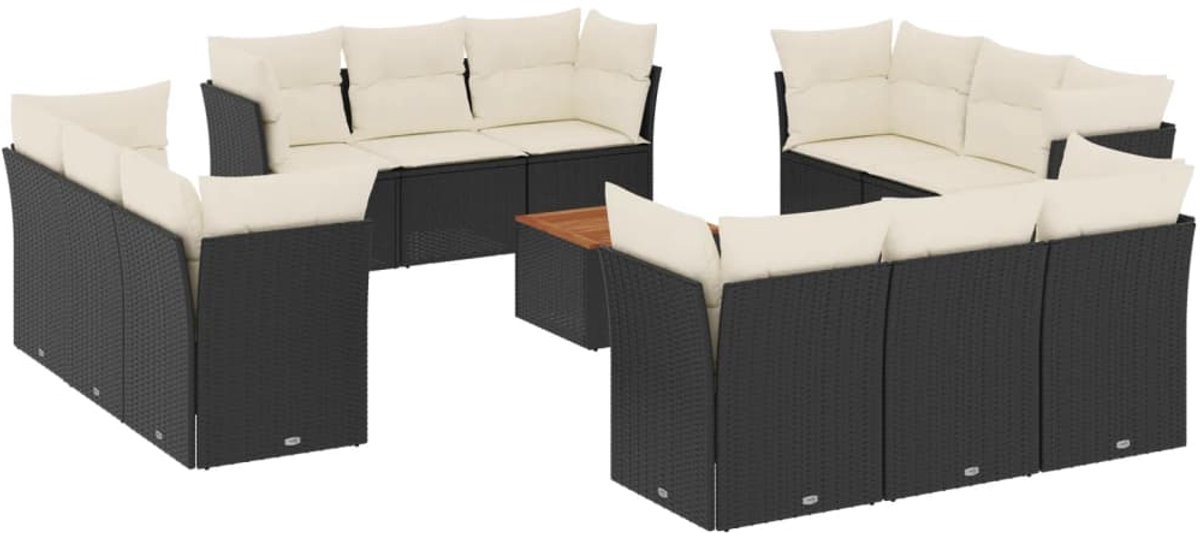 The Living Store 13-delige Loungeset met kussens poly rattan zwart - Loungeset - Tuinmeubels - Lounge Set - Pe Rattan - Zwarte Loungebank
