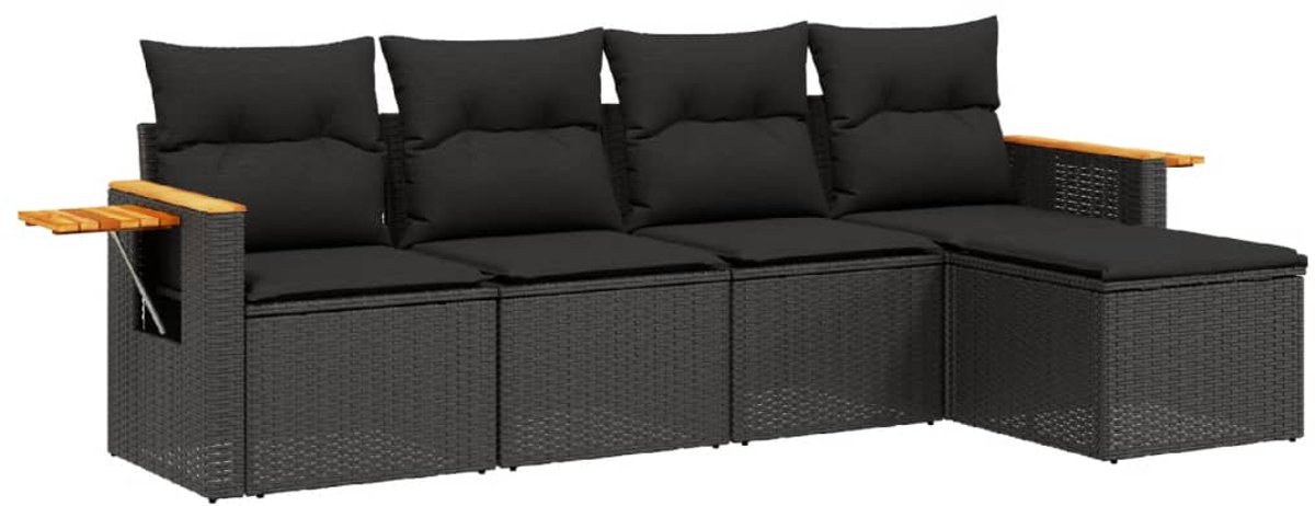 The Living Store 5-delige Loungeset met kussens poly rattan zwart - Loungeset - Tuinset - Lounge Set - Tuinmeubels - Ratan Meubel