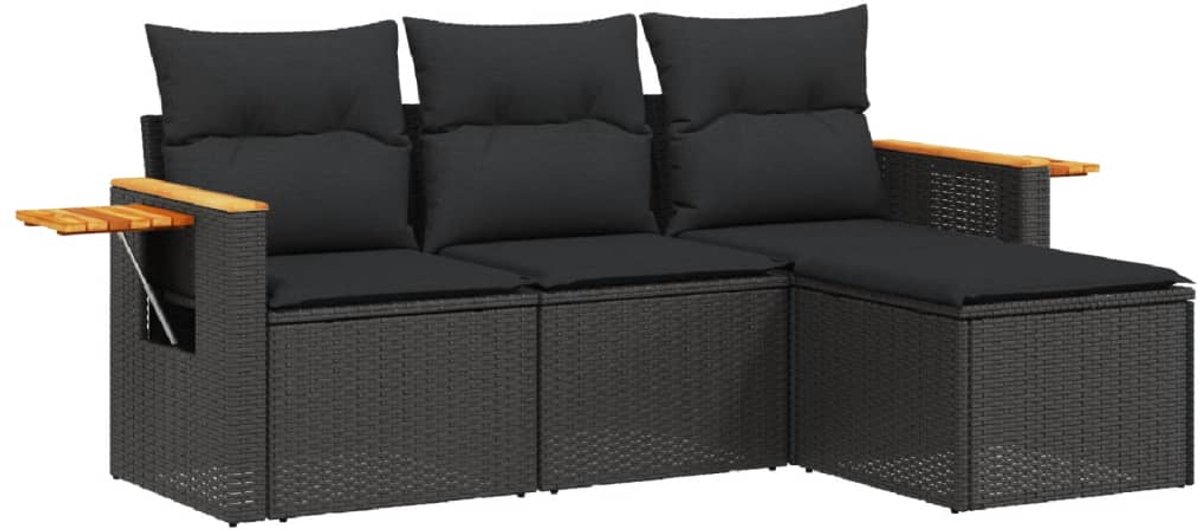 Zwarte poly rattan loungeset met kussens voor tuin en buiten.