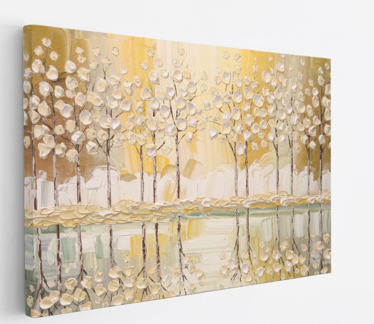 Saammp Canvas Schilderij - Abstract bos - Goud - Wit - Landschap - Natuur - 120x80 - Foto op canvas - Wanddecoratie - Muurdecoratie Woonkamer - Slaapkamer decoratie - Canvas Print Multicolor