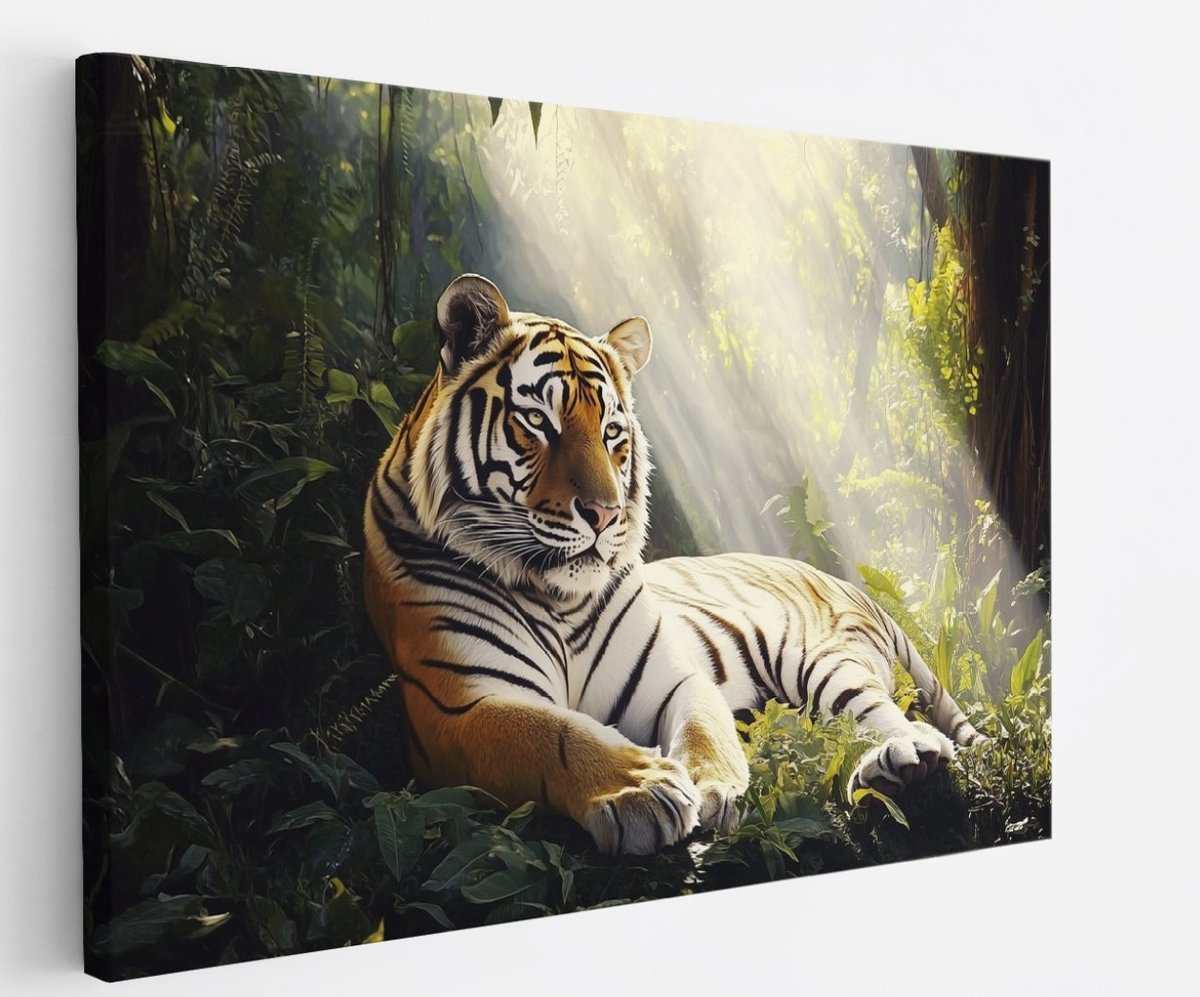 Saammp Canvas Schilderij - Tijger in het bos - Zon - Natuur - Dieren - 70x50 - Foto op canvas - Wanddecoratie - muurdecoratie Woonkamer - Slaapkamer decoratie - Canvas Print Multicolor