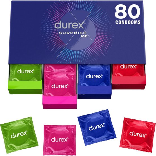 Durex Surprise Me doos met 80 condooms in groen, roze, blauw en rood, met losse verpakkingen.
