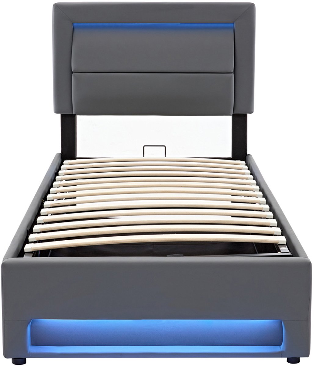 GOTAGEE Gestoffeerd bed Eenpersoonsbed Opbergbed Multifunctioneel bed Vlak bed Volwassenenbed Jongerenbed Met LED-verlichting Met USB-oplaadpoort en draadloze oplaadpoort Bed met opbergruimte Met hydraulische opbergruimte Bed zonder matras 90x190cm Grijs