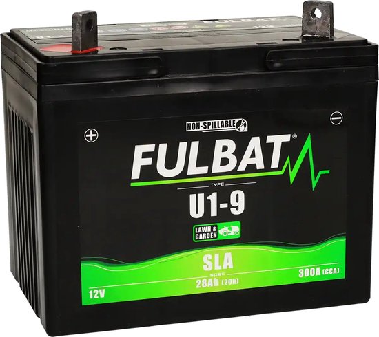Zwarte Fulbat U1-9 SLA accu met groene accenten, 12V, 28Ah, 300A (CCA). Non-spillable.