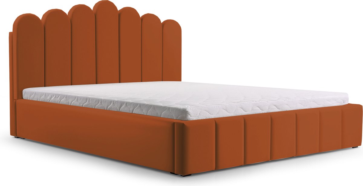 Tweepersoonsbed met fluwelen bekleding, met hoofdeinde, lattenbodem, bed voor volwassenen - BED 03 - 180x200 - Donker oranje (TRINITY 25)