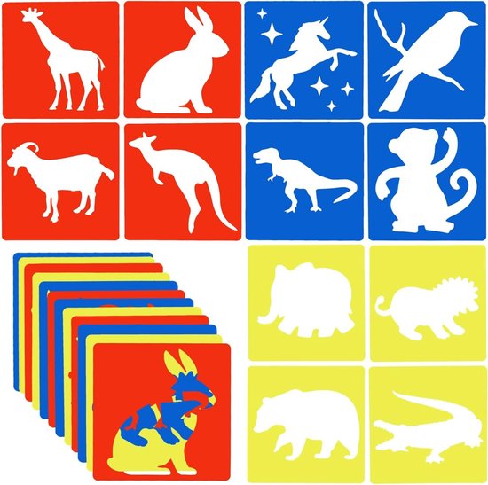 Dierensjablonen, 12 stuks dieren schildersjablonen, 13 x 13 cm, schildersjablonen, dieren, herbruikbare plastic dierenschildersjablonen voor kinderen, notitieboek, dagboek, verzamelalbum, schilderen
