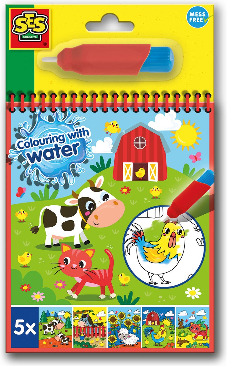 SES Creative - Kleuren met water kleurboek Boerderij- Met herbruikbare waterstift - Kleuren zonder knoeien - Herbruikbare kleurplaten