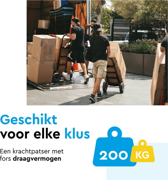 Mensen met steekwagens laden dozen uit een vrachtwagen. 200 kg draagvermogen.