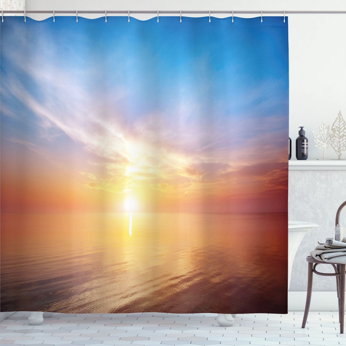 ABAKUHAUS Zonsopgang Douchegordijn – Horizon Seascape Bay – 175x180 cm – Oranje en Blauw