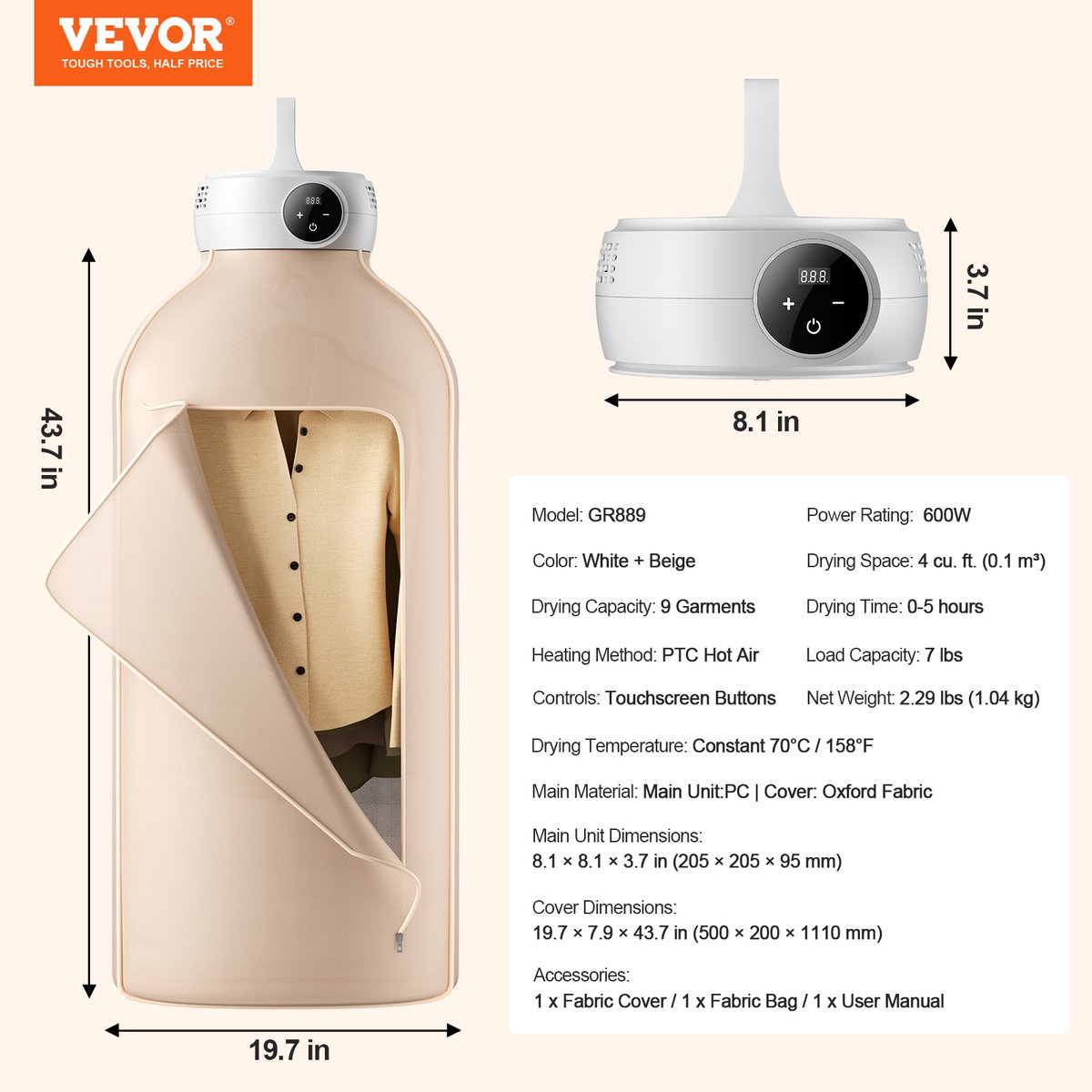 VEVOR Draagbare Wasdroger, Drogtas, PTC-verwarming en LED-display, 600 W