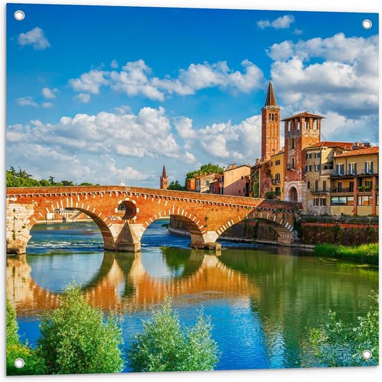 Tuinposter – Brug in Verona, Italië - 80x80cm Foto op Tuinposter  (wanddecoratie voor buiten en binnen)