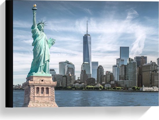 Canvas  - Vrijheidsbeeld met New York Skyline - 40x30cm Foto op Canvas Schilderij (Wanddecoratie op Canvas)