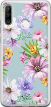 Huawei P30 Lite hoesje - Mint bloemen - Siliconen - Soft Case Telefoonhoesje - Bloemen - Blauw