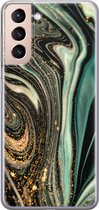 Hoesje geschikt voor Samsung Galaxy S21 - Marble khaki - Soft Case - TPU - Marmer - Groen - ELLECHIQ