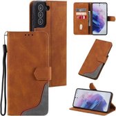 Voor Samsung Galaxy S21 FE Driekleurige Stiksels Kalf Textuur Horizontale Flip Lederen Case met Houder & Kaartsleuven & Portemonnee (Bruin)