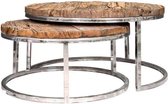 Salontafel set van 2 rond bruin hout zilver metalen poten (r-000SP29034)