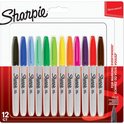 Verpakking met 12 Sharpie permanente stiften in diverse kleuren: groen, grijs, blauw, cyaan, groen, geel, oranje, roze, paars, rood.