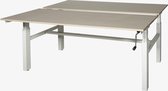 Romeo Duo werkplek, zit/zit hoogte verstelbaar dmv slinger (62-85cm) voorzien van 160x80/80cm logan eiken 25mm melamine bladen en zwart H-poot frame