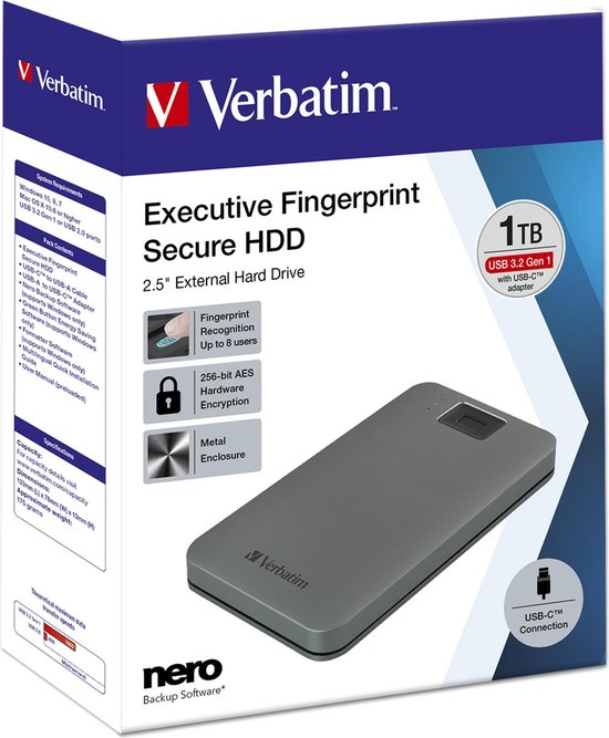 Verbatim Disque Dur Externe Fingerprint Secure USB 3.1 USB-C 2.5 1TB Noir
