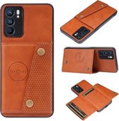 Voor OPPO Reno6 dubbele gesp PU + TPU schokbestendige magnetische beschermhoes met kaartsleuf en houder (bruin)
