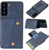 Voor Samsung Galaxy S21 FE dubbele gesp PU + TPU schokbestendige magnetische beschermhoes met kaartsleuf en houder (blauw)