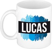 Lucas naam cadeau mok / beker met  verfstrepen - Cadeau collega/ vaderdag/ verjaardag of als persoonlijke mok werknemers