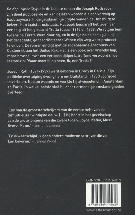 Achterkant van het boek 'De Kapucijnercrypte' van Joseph Roth, met samenvatting, ISBN en website.