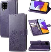 Voor Samsung Galaxy A22 5G vierbladige sluiting reliëf gesp mobiele telefoon bescherming lederen tas met lanyard & kaartsleuf & portemonnee & beugel functie (paars)