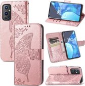 Voor OnePlus 9 Pro Butterfly Love Flowers Reliëf Horizontale Flip Leren Case met Houder & Kaartsleuven & Portemonnee & Lanyard (Rose Goud)