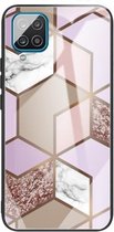 Voor Samsung Galaxy A12 5G Abstract Marble Pattern Glass beschermhoes (Rhombus Orange Purple)