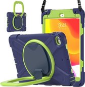 Siliconen + pc-beschermhoes met houder en schouderriem voor iPad mini 5/4 (marineblauw + geelgroen)