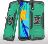Voor Huawei Y6 Pro (2019) Magnetisch pantser Schokbestendig TPU + pc-hoesje met metalen ringhouder (donkergroen)