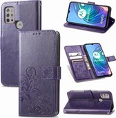 Voor Motorola Moto G30 Vierbladige sluiting Reliëfsluiting Mobiele telefoonbescherming Leren hoes met lanyard & kaartsleuf & portemonnee & beugelfunctie (paars)