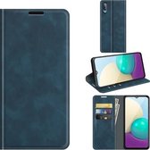 Voor Samsung Galaxy A02 / M02 Retro-skin Business magnetische zuignap lederen tas met houder & kaartsleuven & portemonnee (donkerblauw)