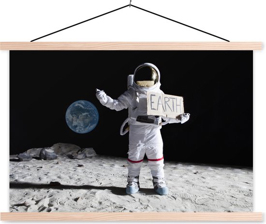 Posterhanger incl. Poster - Schoolplaat - Astronaut - Aarde - Maan - 150x100 cm - Blanke latten
