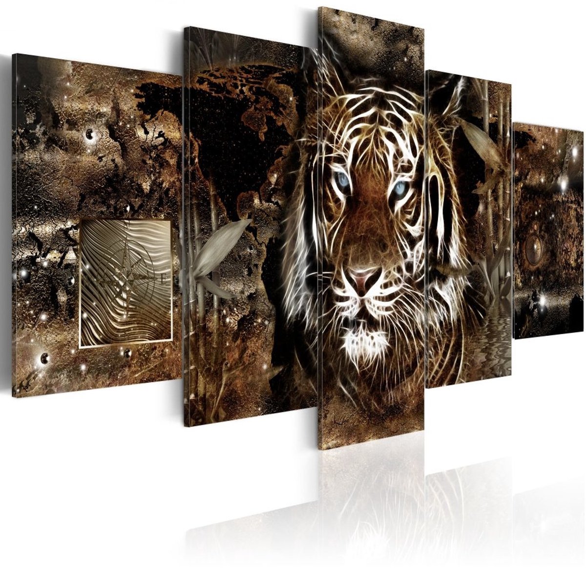 Schilderij - Bewaker van de Jungle , Tijger , 5 luik