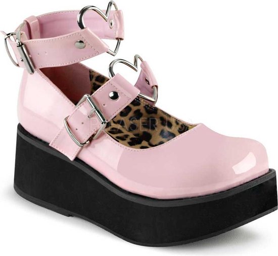 Sprite-02 shoe with ankle straps, buckles and metal heart rings patent pink - (EU 38 = US 8) - Demonia