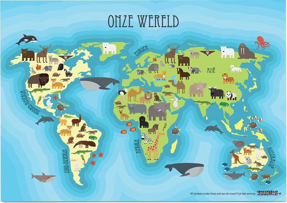 Educatieve poster (Posterpapier) - Topografie onze wereld dierenrijk - 70 x 50 cm (B2)