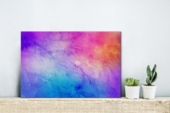 Canvas Schilderij Waterverf - Oranje - Roze - Blauw - 30x20 cm - Wanddecoratie