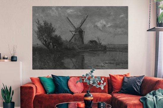 Canvas schilderij 180x120 cm - Wanddecoratie Molen bij een plas in zwart wit - Schilderij van Paul Joseph Constantin - Muurdecoratie woonkamer - Slaapkamer decoratie - Kamer accessoires - Schilderijen op canvas