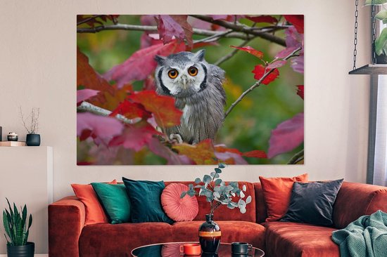 Canvas schilderij 150x100 cm - Wanddecoratie Uil - Vogel - Bladeren - Herfst - Muurdecoratie woonkamer - Slaapkamer decoratie - Kamer accessoires - Schilderijen