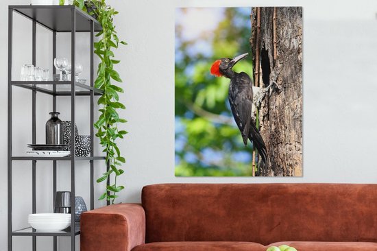 Peintures sur toile - Un pic noir avec une crête rouge dans l'arbre - 90x120 cm - Décoration murale