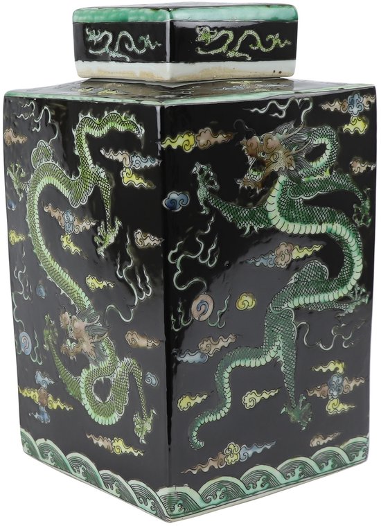 Zwarte Chinese gemberpot met handgeschilderde groene draken en golfpatronen, inclusief deksel.